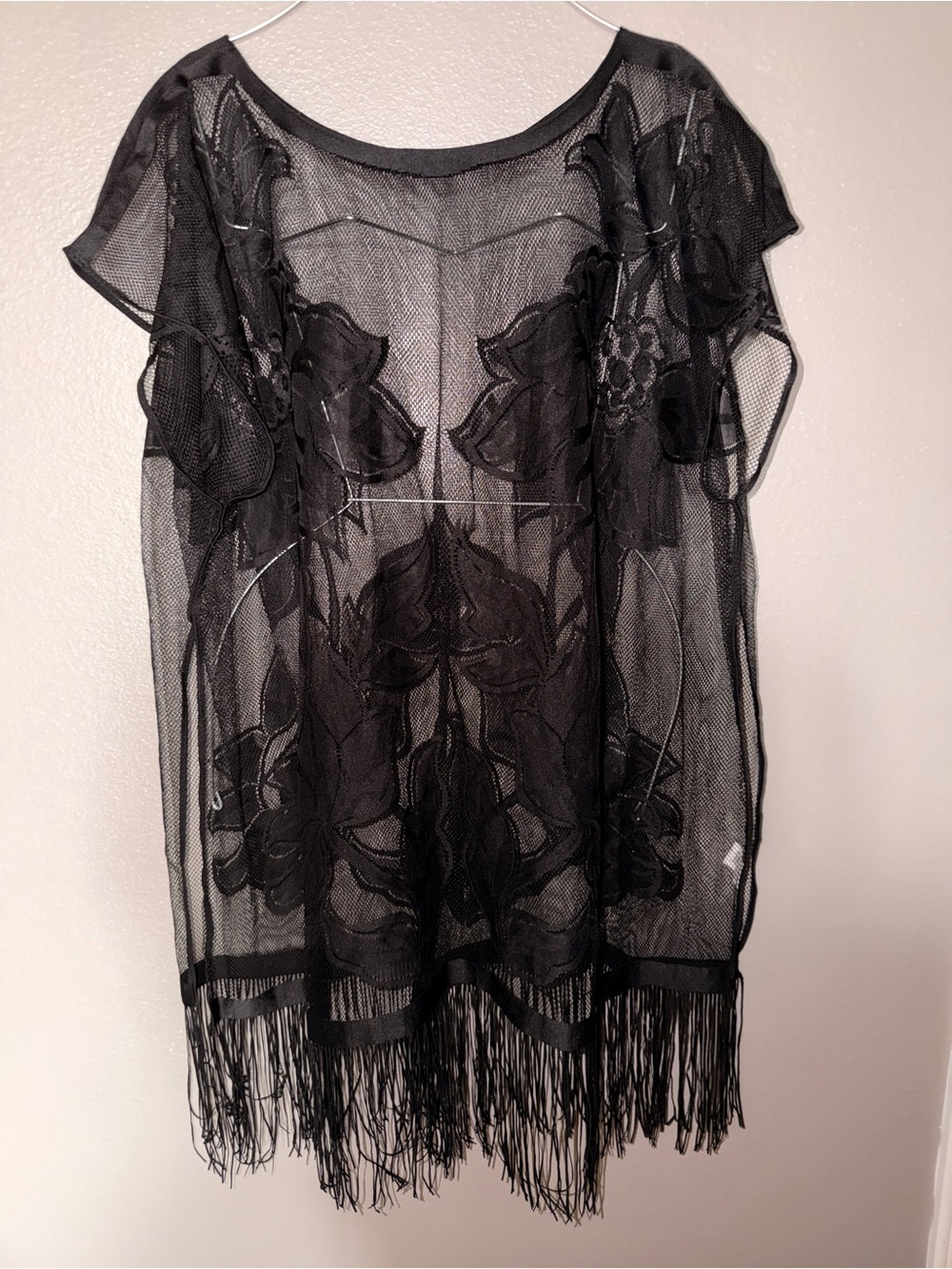 Black Sheer Floral Fringe Swim Coverup - Elegant Beach Tunic